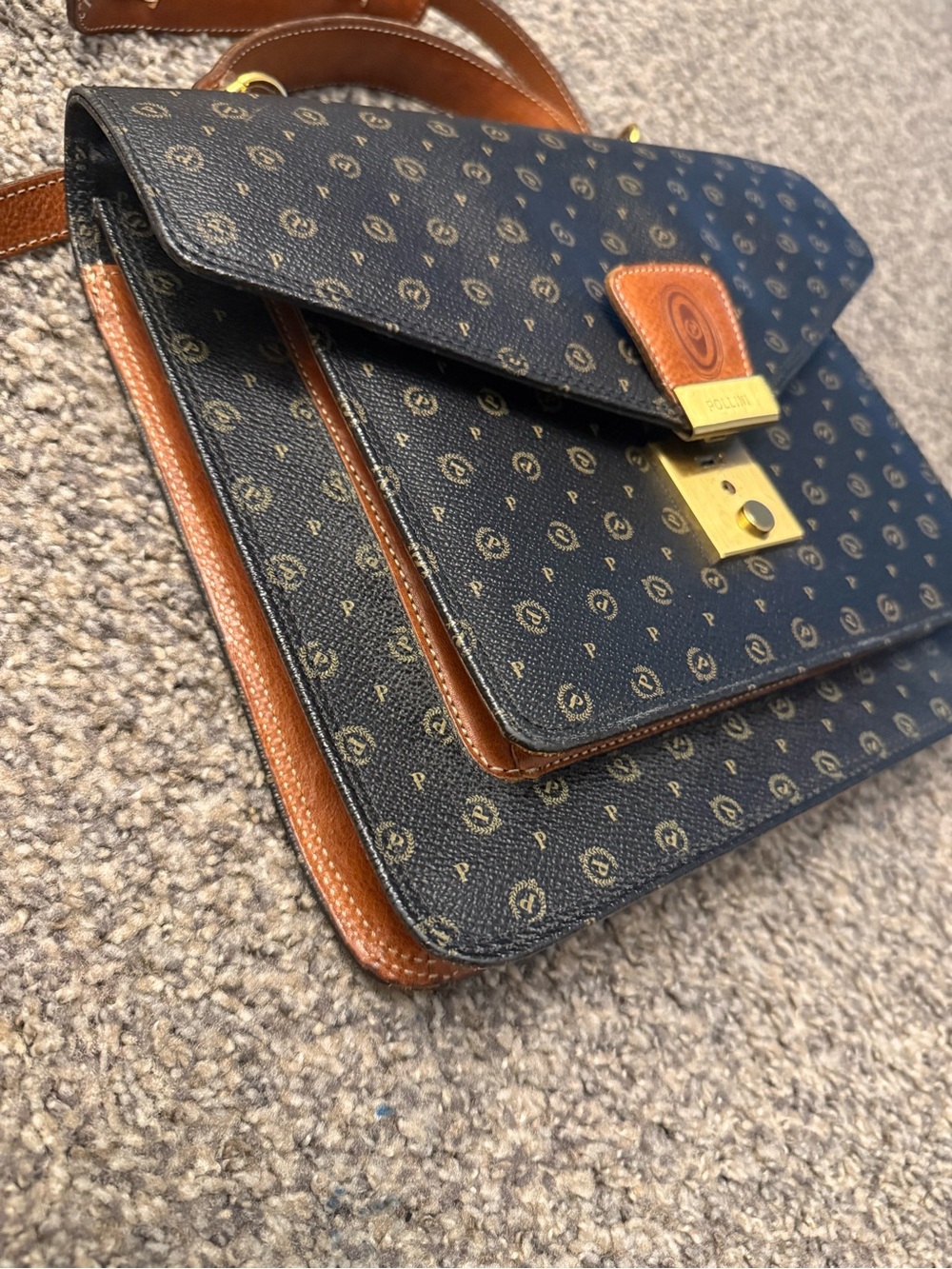 Pollini Monogram Leather Satchel Bag Italy Dark Academia - Picture 10 of 14